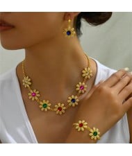 Colorful Rhinestone Inlaid Sweet Flower Design Women Wholesale Fashion Necklace and Earrings Set