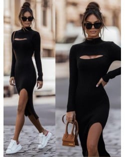 Autumn and Winter Fashion Round Neck Long Sleeves Solid Color Slit Midi Dress - Black