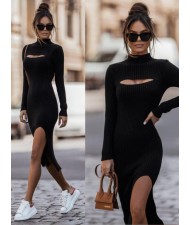 Autumn and Winter Fashion Round Neck Long Sleeves Solid Color Slit Midi Dress - Black