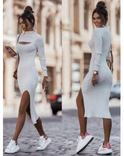 Autumn and Winter Fashion Round Neck Long Sleeves Solid Color Slit Midi Dress - White