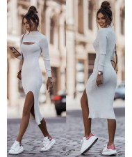 Autumn and Winter Fashion Round Neck Long Sleeves Solid Color Slit Midi Dress - White