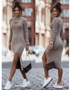 Autumn and Winter Fashion Round Neck Long Sleeves Solid Color Slit Midi Dress - Khaki
