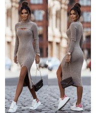 Autumn and Winter Fashion Round Neck Long Sleeves Solid Color Slit Midi Dress - Khaki