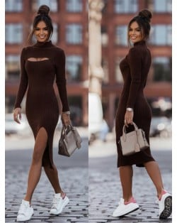 Autumn and Winter Fashion Round Neck Long Sleeves Solid Color Slit Midi Dress - Brown