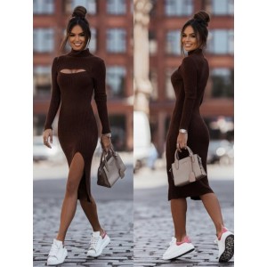 Autumn and Winter Fashion Round Neck Long Sleeves Solid Color Slit Midi Dress - Brown