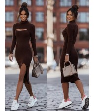 Autumn and Winter Fashion Round Neck Long Sleeves Solid Color Slit Midi Dress - Brown