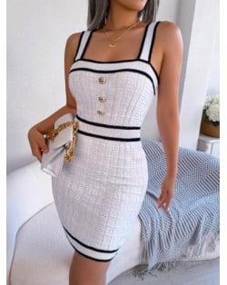 Button Decorated Casual Sling Collar Sleeveless Above Knee Dress - White
