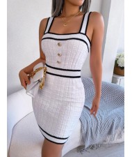 Button Decorated Casual Sling Collar Sleeveless Above Knee Dress - White