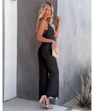 High Fashion Full Lace V Neck Design Jumpsuits - Black