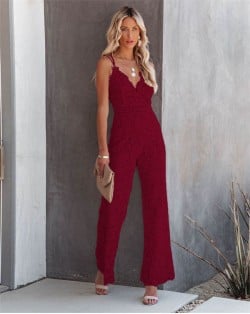 High Fashion Full Lace V Neck Design Jumpsuits - Wine Red