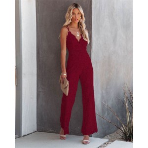 High Fashion Full Lace V Neck Design Jumpsuits - Wine Red