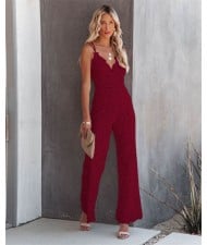 High Fashion Full Lace V Neck Design Jumpsuits - Wine Red
