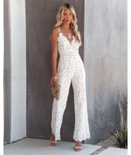 High Fashion Full Lace V Neck Design Jumpsuits - White