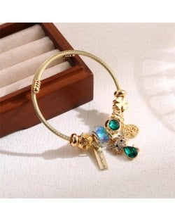 Green Rhinestone Embellished Cute Cat Charm Fashion Golden Wholesale Friendship Bracelet