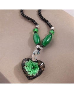 Green Flower Inlaid Vintage Amber Peach Heart Design Wholesale Unique Fashion Costume Necklace