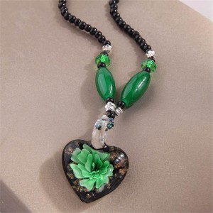 Green Flower Inlaid Vintage Amber Peach Heart Design Wholesale Unique Fashion Costume Necklace