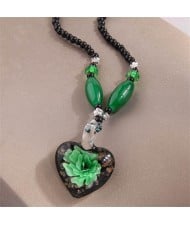 Green Flower Inlaid Vintage Amber Peach Heart Design Wholesale Unique Fashion Costume Necklace