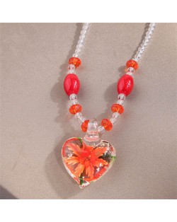 Orange Flower Inlaid Vintage Amber Peach Heart Pendant Unique Fashion Wholesale Costume Necklace