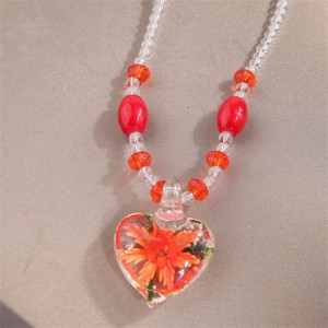 Orange Flower Inlaid Vintage Amber Peach Heart Pendant Unique Fashion Wholesale Costume Necklace