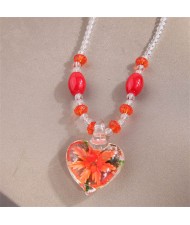 Orange Flower Inlaid Vintage Amber Peach Heart Pendant Unique Fashion Wholesale Costume Necklace