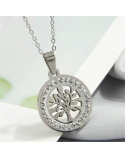 Rhinestone Rimmed Fortune Tree Pendant Stainless Steel Wholesale Costume Necklace - Silver