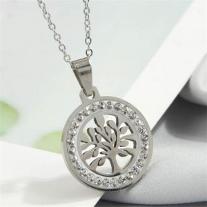 Rhinestone Rimmed Fortune Tree Pendant Stainless Steel Wholesale Costume Necklace - Silver