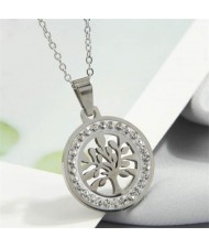 Rhinestone Rimmed Fortune Tree Pendant Stainless Steel Wholesale Costume Necklace - Silver