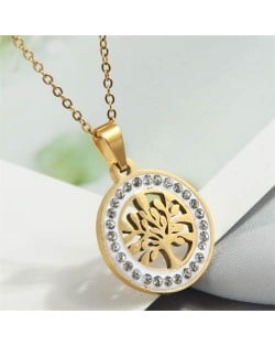 Rhinestone Rimmed Fortune Tree Pendant Stainless Steel Wholesale Costume Necklace - Golden