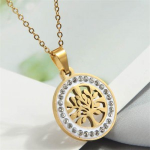 Rhinestone Rimmed Fortune Tree Pendant Stainless Steel Wholesale Costume Necklace - Golden