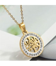 Rhinestone Rimmed Fortune Tree Pendant Stainless Steel Wholesale Costume Necklace - Golden