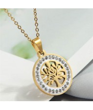 Rhinestone Rimmed Fortune Tree Pendant Stainless Steel Wholesale Costume Necklace - Golden