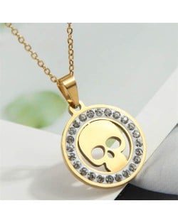 Rhinestone Rimmed Skull Pendant Stainless Steel Wholesale Fashion Necklace - Golden