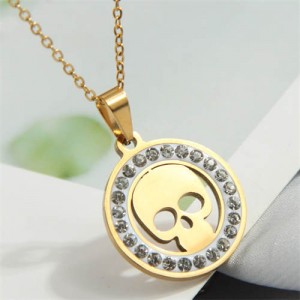 Rhinestone Rimmed Skull Pendant Stainless Steel Wholesale Fashion Necklace - Golden