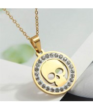 Rhinestone Rimmed Skull Pendant Stainless Steel Wholesale Fashion Necklace - Golden