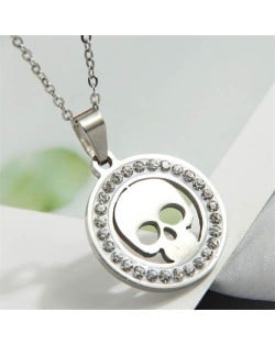 Rhinestone Rimmed Skull Pendant Stainless Steel Wholesale Fashion Necklace - Silver