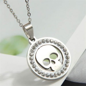 Rhinestone Rimmed Skull Pendant Stainless Steel Wholesale Fashion Necklace - Silver