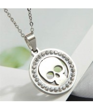 Rhinestone Rimmed Skull Pendant Stainless Steel Wholesale Fashion Necklace - Silver
