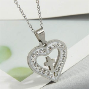 Rhinestone Rimmed Christ Cross Heart Pendant Stainless Steel Wholesale Fashion Necklace - Silver