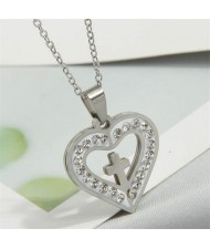 Rhinestone Rimmed Christ Cross Heart Pendant Stainless Steel Wholesale Fashion Necklace - Silver