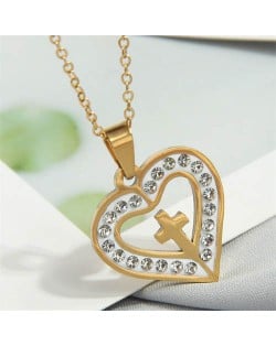 Rhinestone Rimmed Christ Cross Heart Pendant Stainless Steel Wholesale Fashion Necklace - Golden