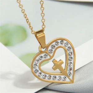 Rhinestone Rimmed Christ Cross Heart Pendant Stainless Steel Wholesale Fashion Necklace - Golden