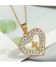 Rhinestone Rimmed Christ Cross Heart Pendant Stainless Steel Wholesale Fashion Necklace - Golden