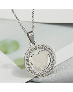 Rhinestone Rimmed Heart Inlaid Round Pendant Stainless Steel Wholesale Fashion Necklace - Silver