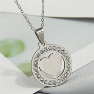 Rhinestone Rimmed Heart Inlaid Round Pendant Stainless Steel Wholesale Fashion Necklace - Silver