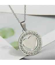 Rhinestone Rimmed Heart Inlaid Round Pendant Stainless Steel Wholesale Fashion Necklace - Silver