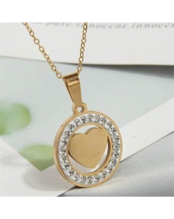 Rhinestone Rimmed Heart Inlaid Round Pendant Stainless Steel Wholesale Fashion Necklace - Golden