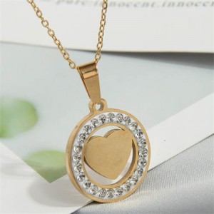 Rhinestone Rimmed Heart Inlaid Round Pendant Stainless Steel Wholesale Fashion Necklace - Golden