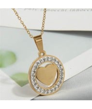 Rhinestone Rimmed Heart Inlaid Round Pendant Stainless Steel Wholesale Fashion Necklace - Golden