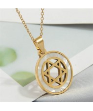 Unique Star Inlaid Round Pendant Stainless Steel Wholesale Fashion Necklace - Golden