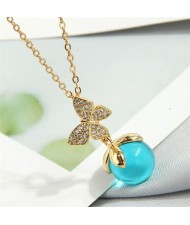 Elegant Butterfly and Blue Cubic Zirconia Ball Pendant Wholesale Fashion Necklace